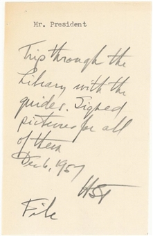 1957 Harry Truman Handwritten and Signed Note on 12/6/57 (JSA)